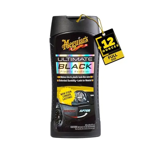 Meguiar's Ultimate Black Plastic Restorer, Durable Car Restorer for Faded Black Plastic, Vinyl, and Rubber, Restores Deep Color and Shine, for Car Guys, 12 Oz