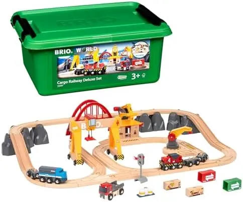 BRIO World Cargo Railway Deluxe - Wooden Track Train Set - Battery-Powered Engine, 3 Cranes, Bridge, Truck - Kids Ages 3+ - Compatible with All Wooden Rail Sets - FSC Certified Wood - 54-Pieces